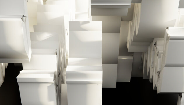 Abstract geometric composition of white stacked cubic shapes