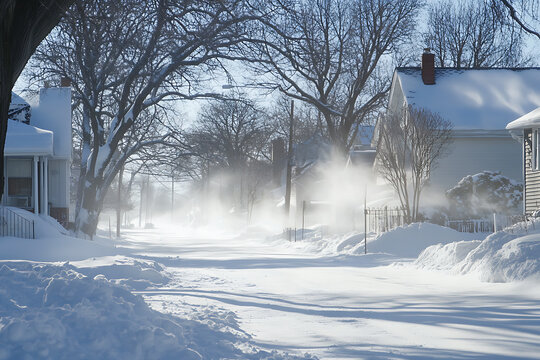 Snowy street with blowing snow and houses on a sunny day.