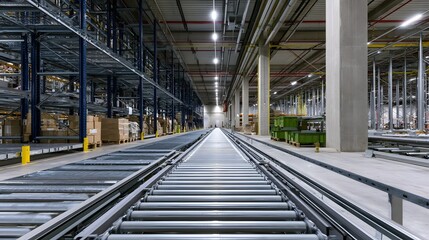 Fototapeta premium Long view of automated conveyor system inside modern warehouse with tall metal racks and industrial lighting overhead