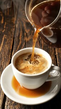 Hot Black Coffee Pouring Into A White Ceramic Cup On Wooden Table