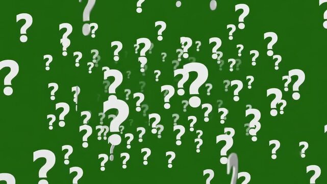Floating White Question Marks Scattered Randomly Over a Solid Green Background for Educational and Conceptual Design Projects