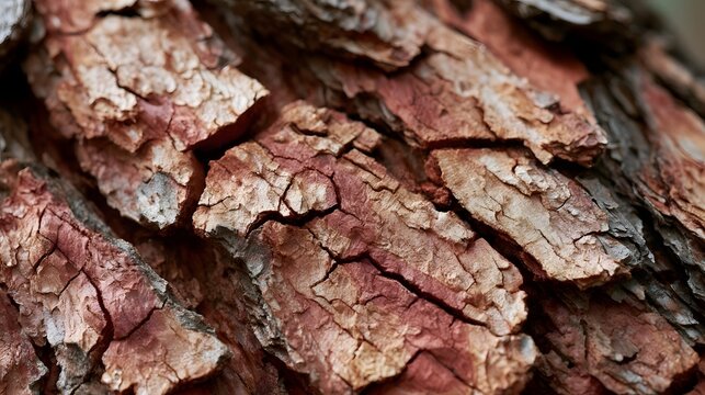 Close up of layered cracked pine bark showing textured surface with warm earthy tones and natural depth