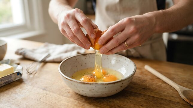 Closeup of a person cracking a fresh egg into a bowl in a kitchen