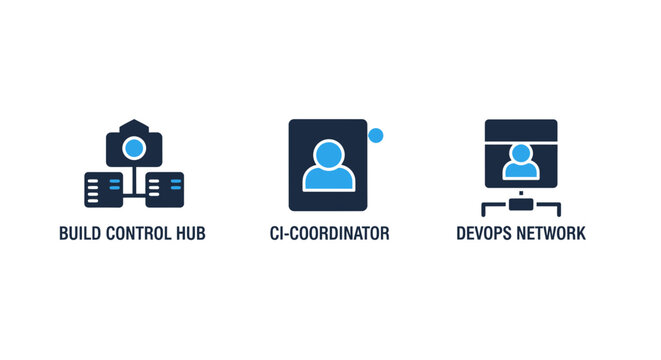 Set of blue and dark gray icons representing build control hub ci-coordinator dev ops network with coordinator technology software computer communication management connection workflow