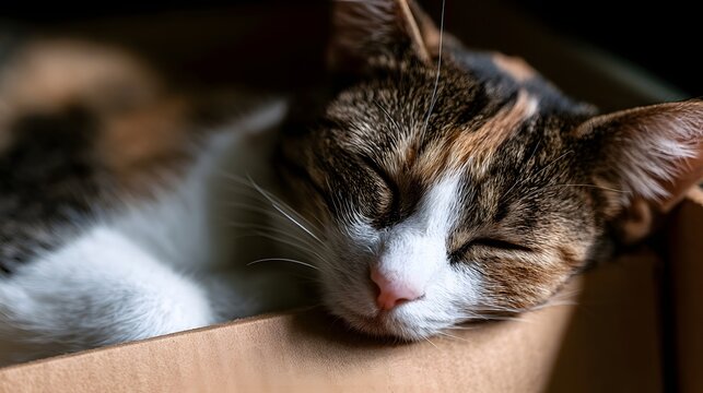 A calico cat sleeps peacefully curled up inside a cardboard box with soft lighting highlighting its fur texture