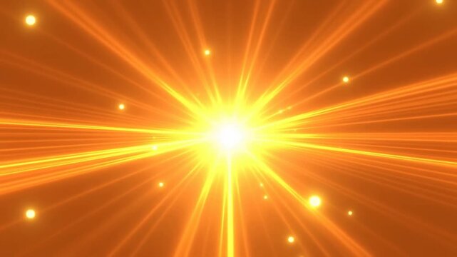 Radiant golden light burst with glowing rays and particles on abstract orange background