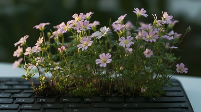Delicate pink flowers bloom unexpectedly from a computer keyboard  creating a surreal and charming contrast between nature and technology