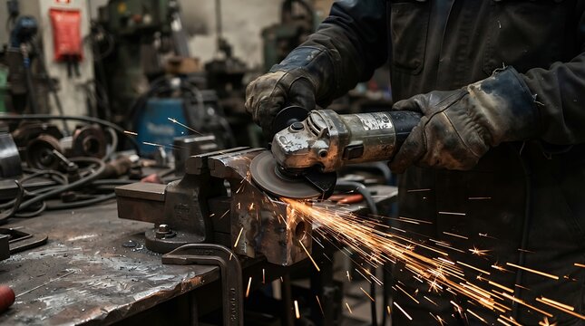 Industrial metalworker grinding a steel part with an angle grinder