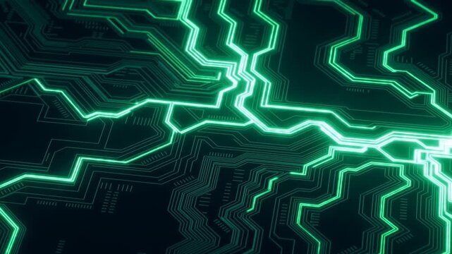 Abstract teal circuit board pattern remains still on dark background with geometric electronic traces