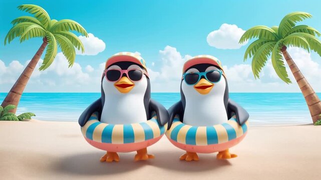 Cute cartoon penguin with an inflatable ring on the beach in summer
