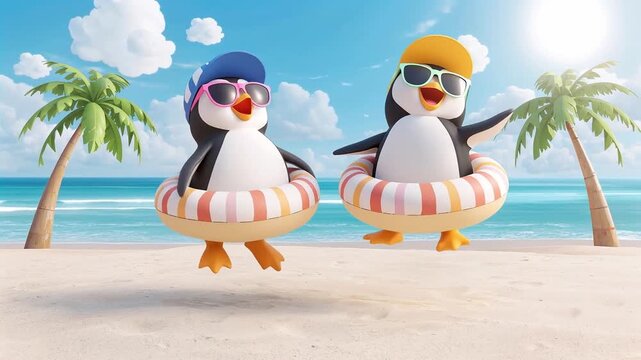Cute cartoon penguin with an inflatable ring on the beach in summer