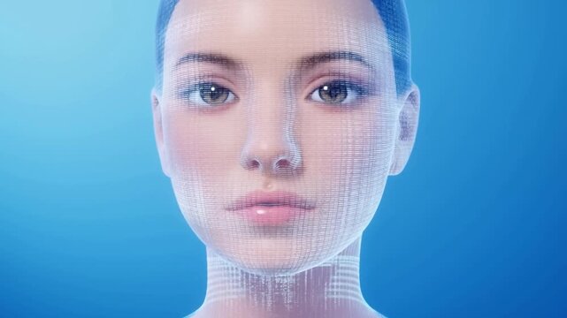 Humanoid robot face with digital mesh texture in closeup against blue technological background