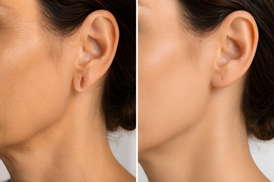 Earlobe rejuvenation before and after hyaluronic acid filler injection. Torn or sagging ear lobe volume restoration comparison close up