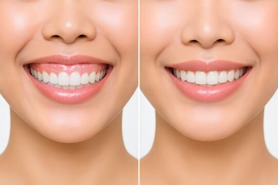 Gummy smile correction before and after on Asian face. Premium lip drop and excessive gingival display reduction comparison close up
