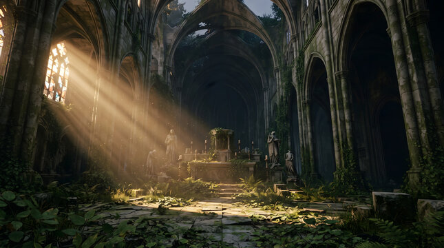 An abandoned gothic cathedral interior reclaimed by nature, featuring dramatic sunbeams shining onto a stone altar. Lush green vines, ivy, and ferns cover the ruined church pillars and statues, cre...