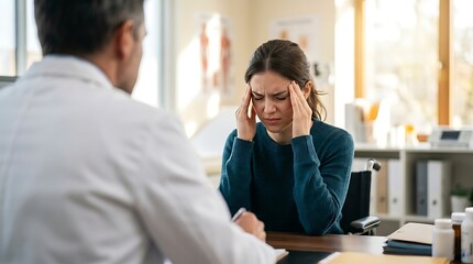 Obraz premium Patient experiencing intense headache pain discusses symptoms with a medical professional during a clinic visit