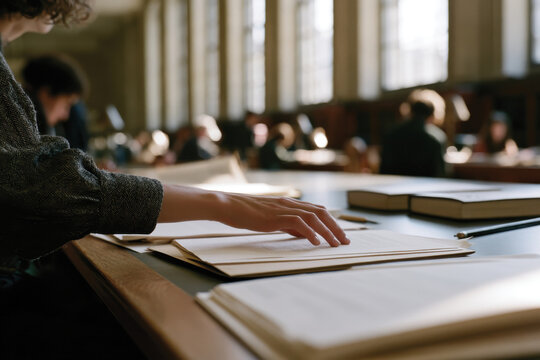 A woman's hand gracefully flips through pages in a library, surrounded by other engaged individuals, embodying the spirit of exploration and knowledge in a scholarly environment.