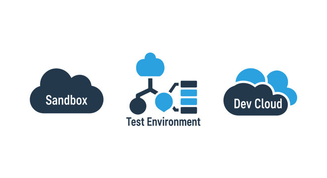 Sandbox test environment and dev cloud computing technology vector icons with environment computing technology database development software programming infrastructure internet connection