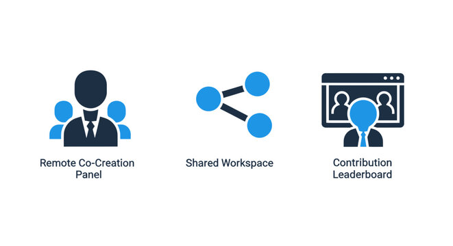 Set of remote co-creation panel shared workspace contribution leaderboard business icons in blue and dark grey cocreation workspace contribution leaderboard business teamwork collaboratio