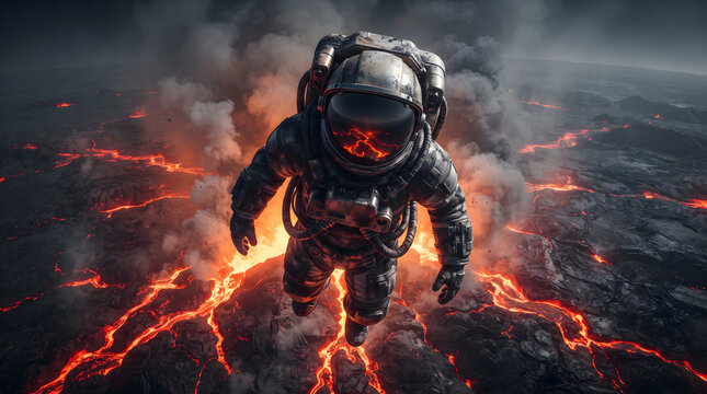 A sci-fi digital illustration of an astronaut in a dirty spacesuit hovering over an active volcanic landscape. The dark, hostile alien planet is covered in glowing orange magma rivers, molten lava...