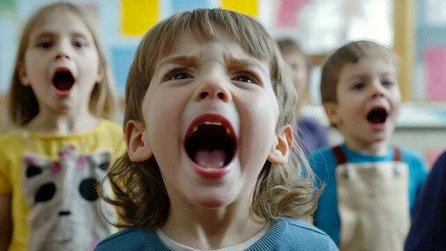 A young girl with her mouth wide open, singing enthusiastically along with a group of other children in a classroom setting.
