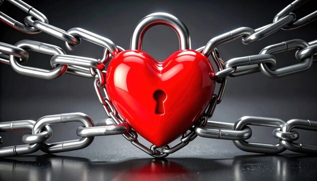 Red heart padlock secured with heavy metal chains