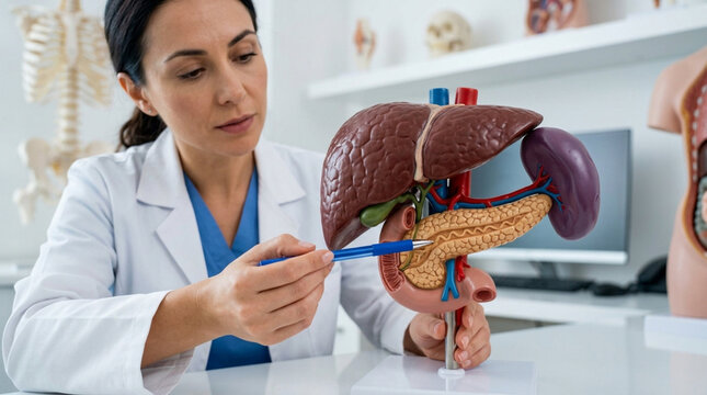 Doctor Explains Pancreas Anatomy with Anatomical Model in Clinic