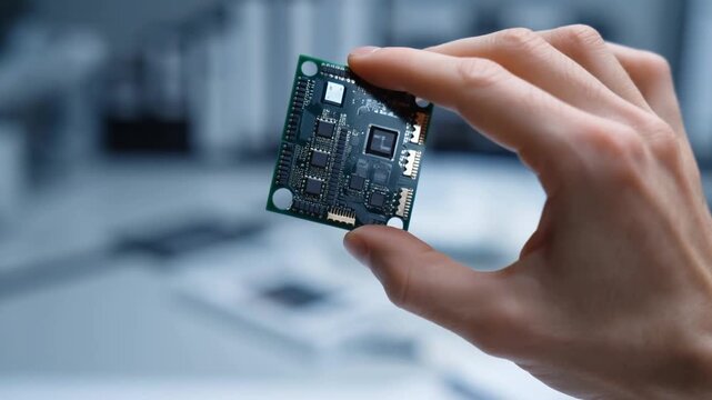 Hand Holding Small Electronic Circuit Board in Laboratory Setting