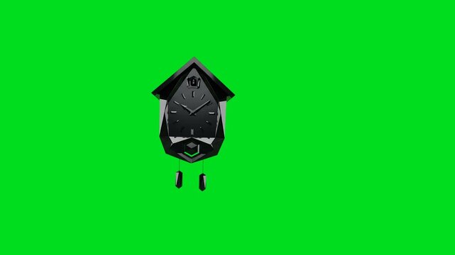 A minimalist black cuckoo clock design isolated on a vibrant green screen