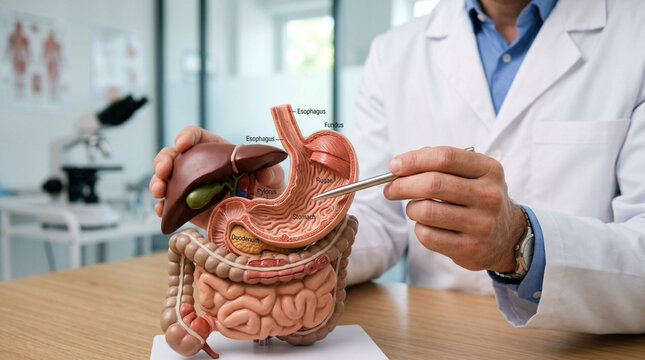 Doctor Explaining Digestive System Anatomy Model with Liver, Stomach, Intestines