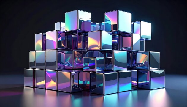 Abstract stack of iridescent metallic cubes on dark background