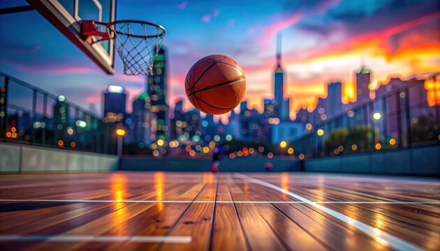 Basketball flying toward hoop on rooftop court at sunset