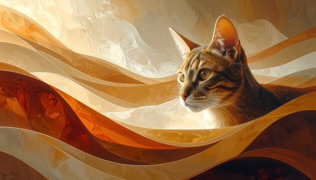 Tabby cat emerging from abstract golden flowing waves