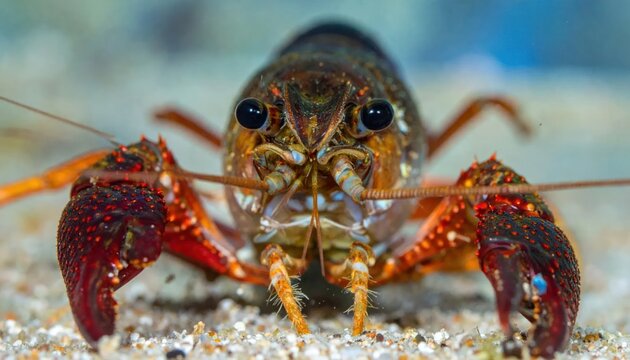 Close up of crayfish on sandy bottom underwater