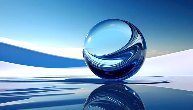 Abstract blue glass sphere reflecting on calm water surface