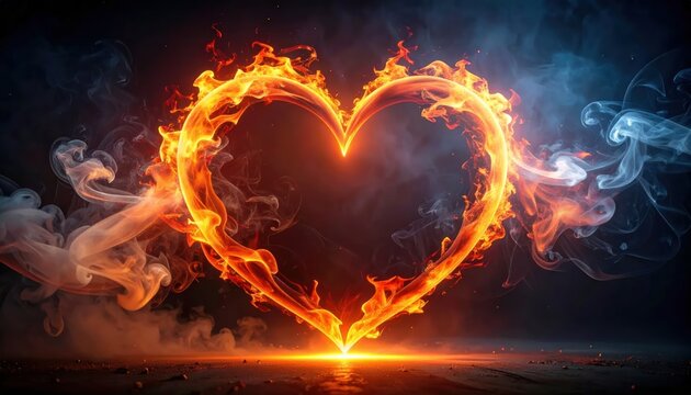 Vibrant heart shaped fire with smoke on dark background