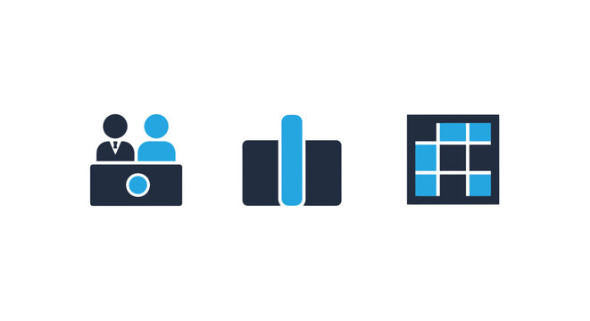 Customer service desk people icon card reader terminal and grid matrix display in blue and dark gray with terminal customer reception employee transaction technology collection illustration