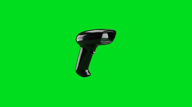 A sleek black handheld barcode scanner isolated against a bright green screen