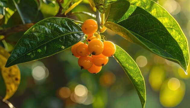 Bunch of orange berries on a green leafy branch