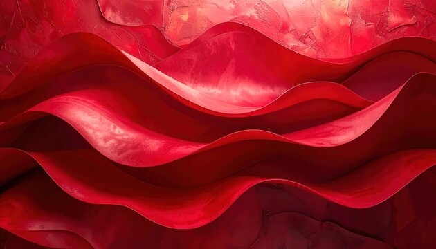 Abstract red flowing wavy layers with metallic textured surface