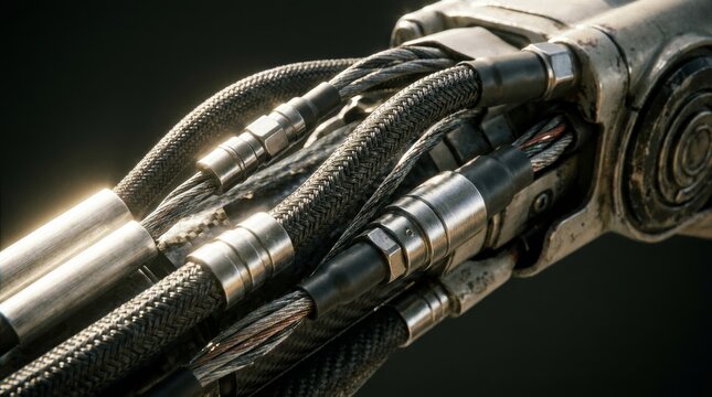 Braided steel cables and connectors on dark robotic arm mechanism close-up