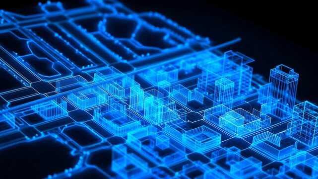 Glowing blue wireframe city model displaying urban buildings and streets against a dark background