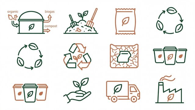 Collection of sustainable and organic process line icons featuring recycling composting and eco-friendly concepts ideal for web and app design