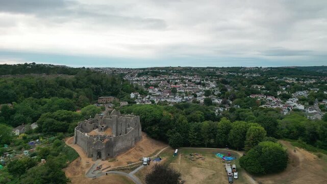Aerial View of Swansea Castle in Wales and Swansea bay, UK