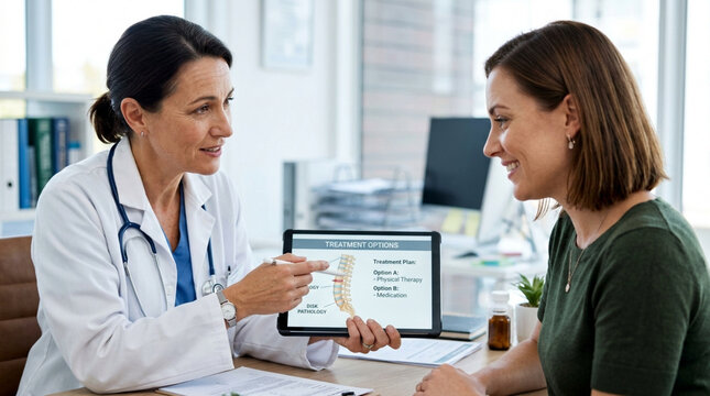 Doctor Explaining Spine Health on Tablet to Patient in Clinic
