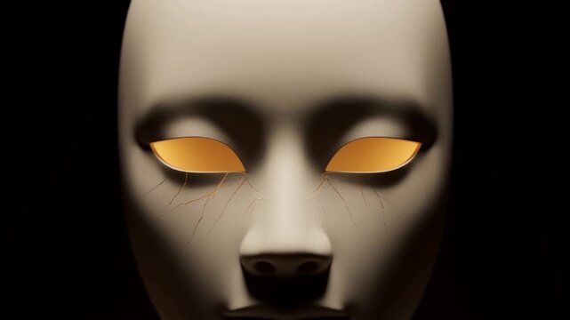 White mask centered on black background with eye slits visible