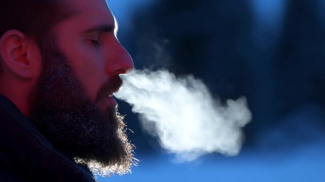 Bearded man in profile facing forward against a dark blue illuminated background