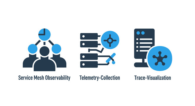 Set of service mesh observability telemetry collection trace visualization technology icons telemetry observability visualization technology collection database computing infrastructure