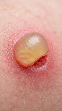 Fotograf&iacute;a m&eacute;dica macro de alta resoluci&oacute;n, primer plano extremo centrado puramente en una ampolla por quemadura de segundo grado fresca sobre piel humana