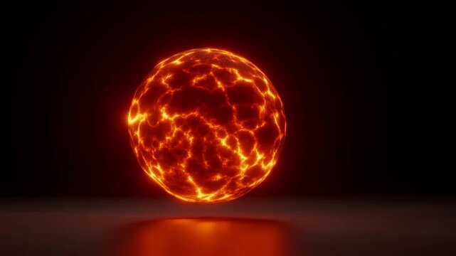 Stationary glowing molten sphere with turbulent fiery surface suspended above reflective plane in darkness